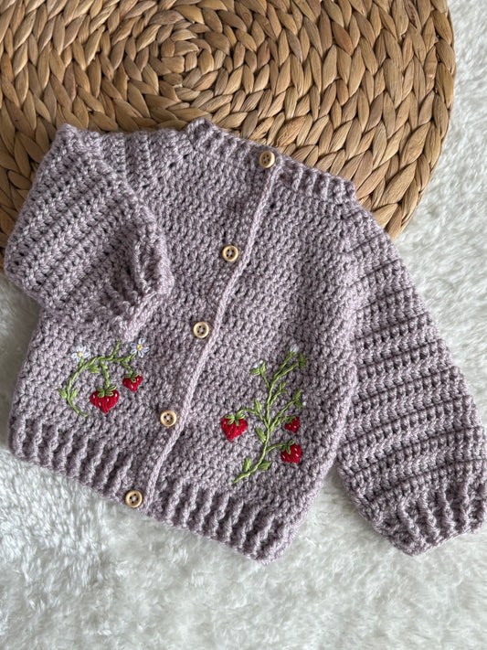 Handmade Crochet Strawberry Fields Embroidered Griege Cardigan